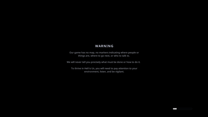 Text on black background reads: WARNING Our game has no map, with a loading bar at the bottom right.