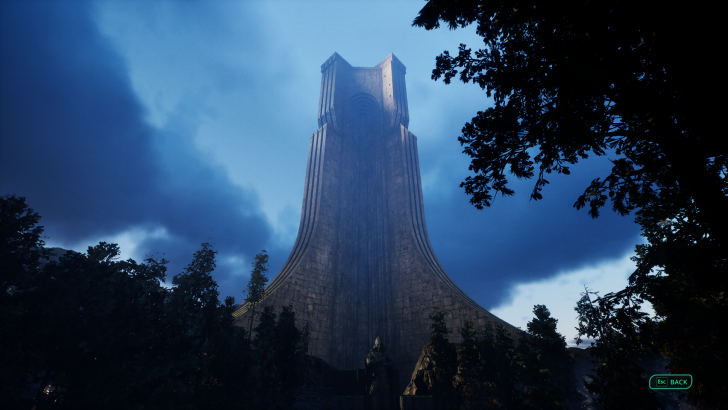 A tall monument with dramatic clouds is seen on a screen with the text EscBACK in the bottom right corner.