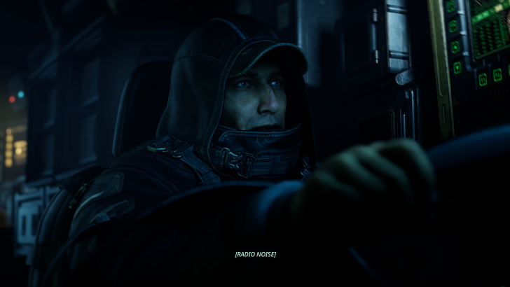 Person in a dark hooded jacket sits at a control panel inside a vehicle, with text showing “[RADIO NOISE]”.