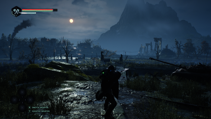 A figure holds a weapon at moonlit ruins with SWITCH WEAPON and SHEATHE WEAPON UI commands visible.