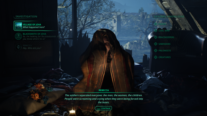 Game dialogue screen with a cloaked figure, options include VILLAGE OF JOVA and BLACKSMITH OF JOVA, and text says, The soldiers separated everyone.