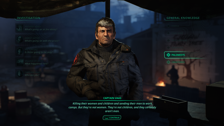 Character Captain Vaas in conversation menu titled INVESTIGATION, with highlighted option PALOMISTS and text Who are you?