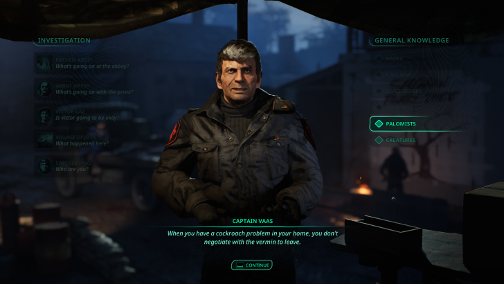 Captain Vaas is speaking in a game menu screen, with options like PATHEM ABBEY and PALOMISTS visible.