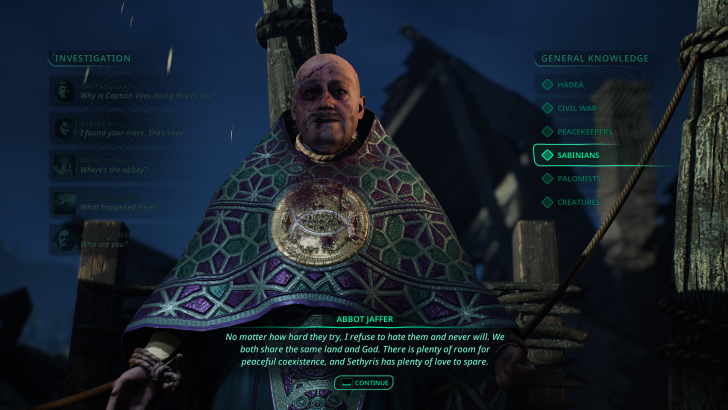Abbot Jaffer dialogue scene with “SABINIANS” highlighted in a video game interface.