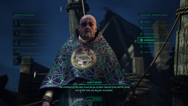 Abbot Jaffer speaks on a dialogue screen with options like SABINIANS and CONTINUE highlighted.