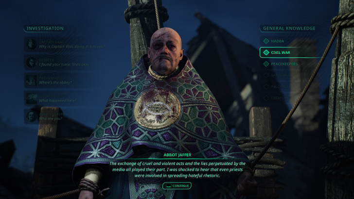 Abbott Jaffer character in a dialogue scene with highlighted options Investigation and Civil War.