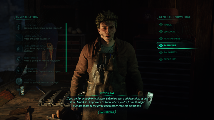 Character Victor Gaz speaking with dialogue choices and text If you go far enough into history, CONTINUE button below.