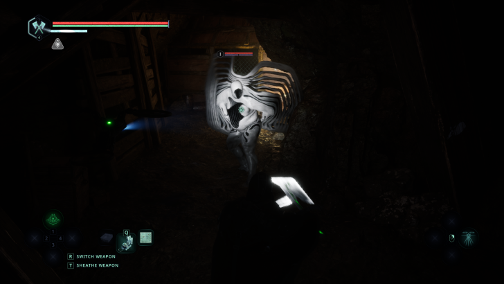 A player character faces a glowing enemy in a dark cave, with SWITCH WEAPON and SHEATHE WEAPON displayed on screen.