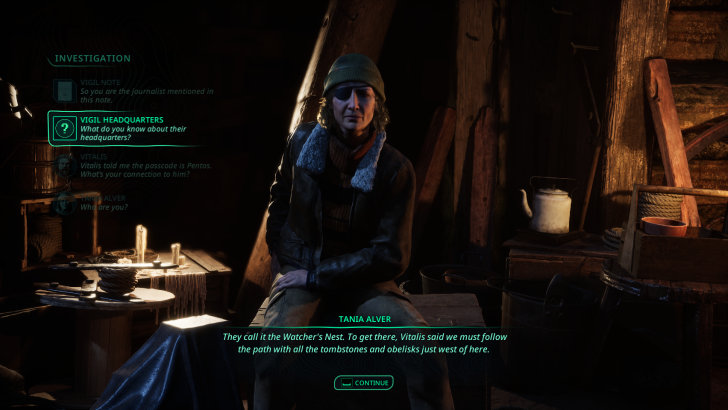 Character with eye patch in candlelit room, text reads: VIGIL HEADQUARTERS What do you know about their headquarters?
