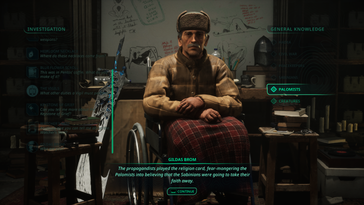 Gildas Brom in a wheelchair with text on-screen: The propagandists played the religion card, in a cluttered room.