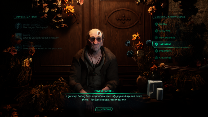 Ernest Caddell speaks about hating Sabs; options like SABINIANS and CREATURES are visible on the side menu.
