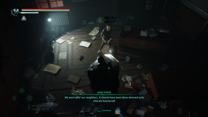 Game scene with character Ahji Evans saying, We went after our neighbors, and options to Talk or Trade.