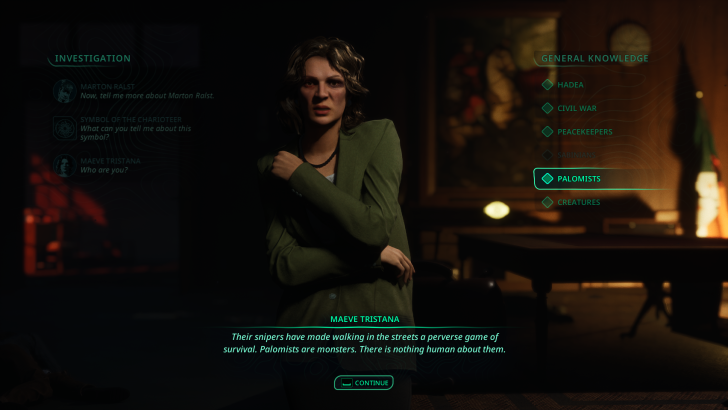 Maeve Tristana speaks about “Palomists” with options for investigation and general knowledge visible on a dialogue screen.
