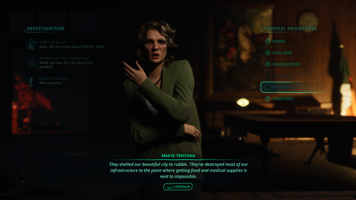Maeve Tristana dialogue in a game scene with text options for investigation and general knowledge displayed.
