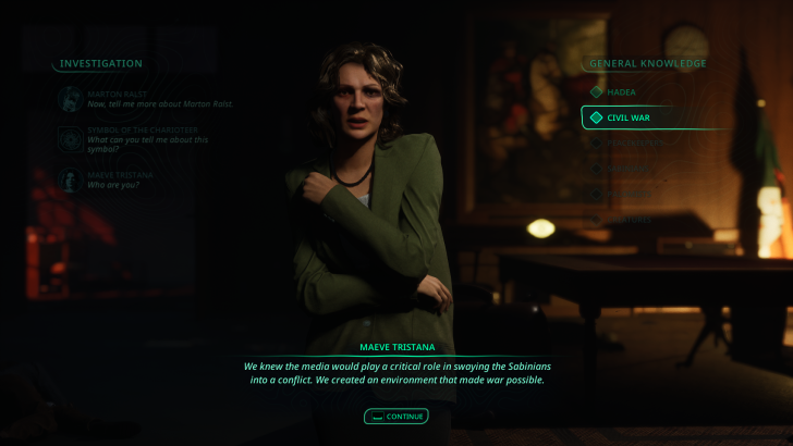 Maeve Tristana is in a dialogue scene discussing the Civil War with investigation options visible.