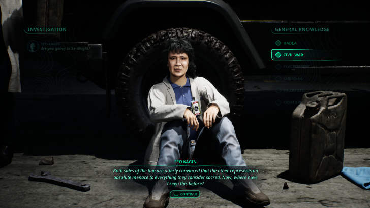 Character seated against a tire with SEO KAGIN dialogue and CONTINUE button on-screen.