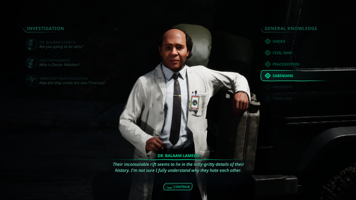 Dr. Balaam Lamech stands next to a vehicle with dialogue about a historical rift, and Sabinians is highlighted in the menu.
