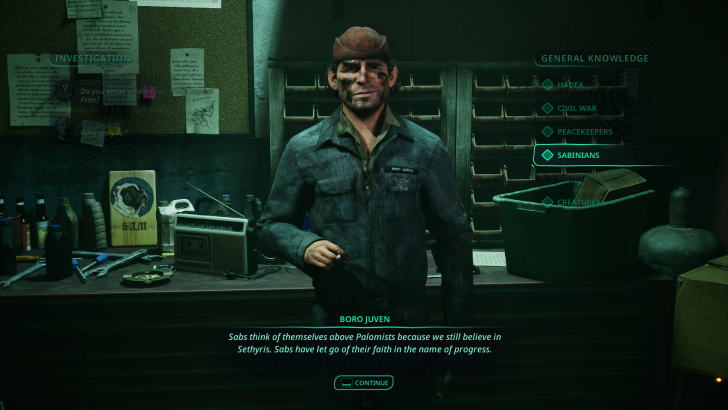 Man in workwear stands in cluttered room with BORO JUVEN text on shirt, options include SABINIANS and dialogue text displayed.