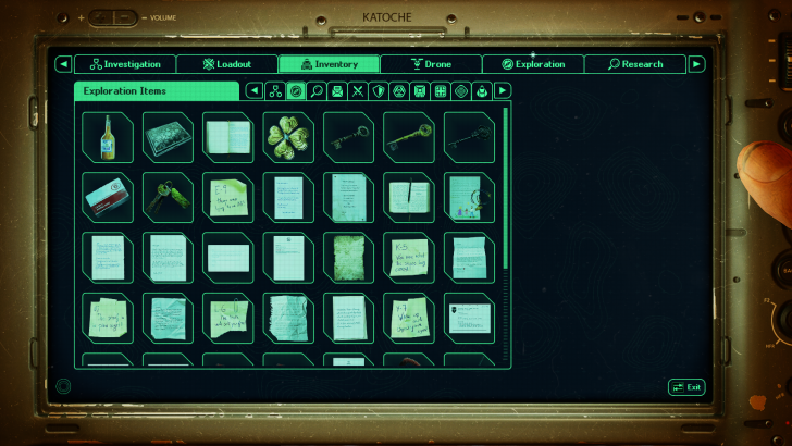 Katoche tablet displaying Exploration Items inventory screen with notes, keys, and icons; Exit button at bottom.