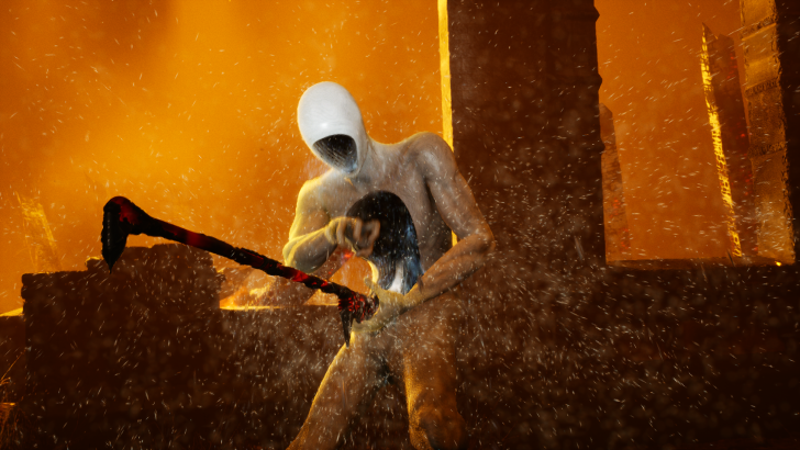 Alien-like figure holding a weapon in a fiery, chaotic environment.