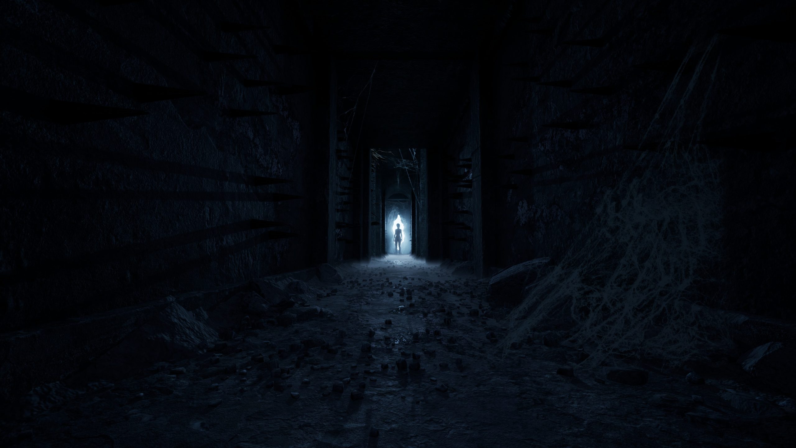 Mysterious figure in a dimly lit, eerie hallway with cobwebs and debris.