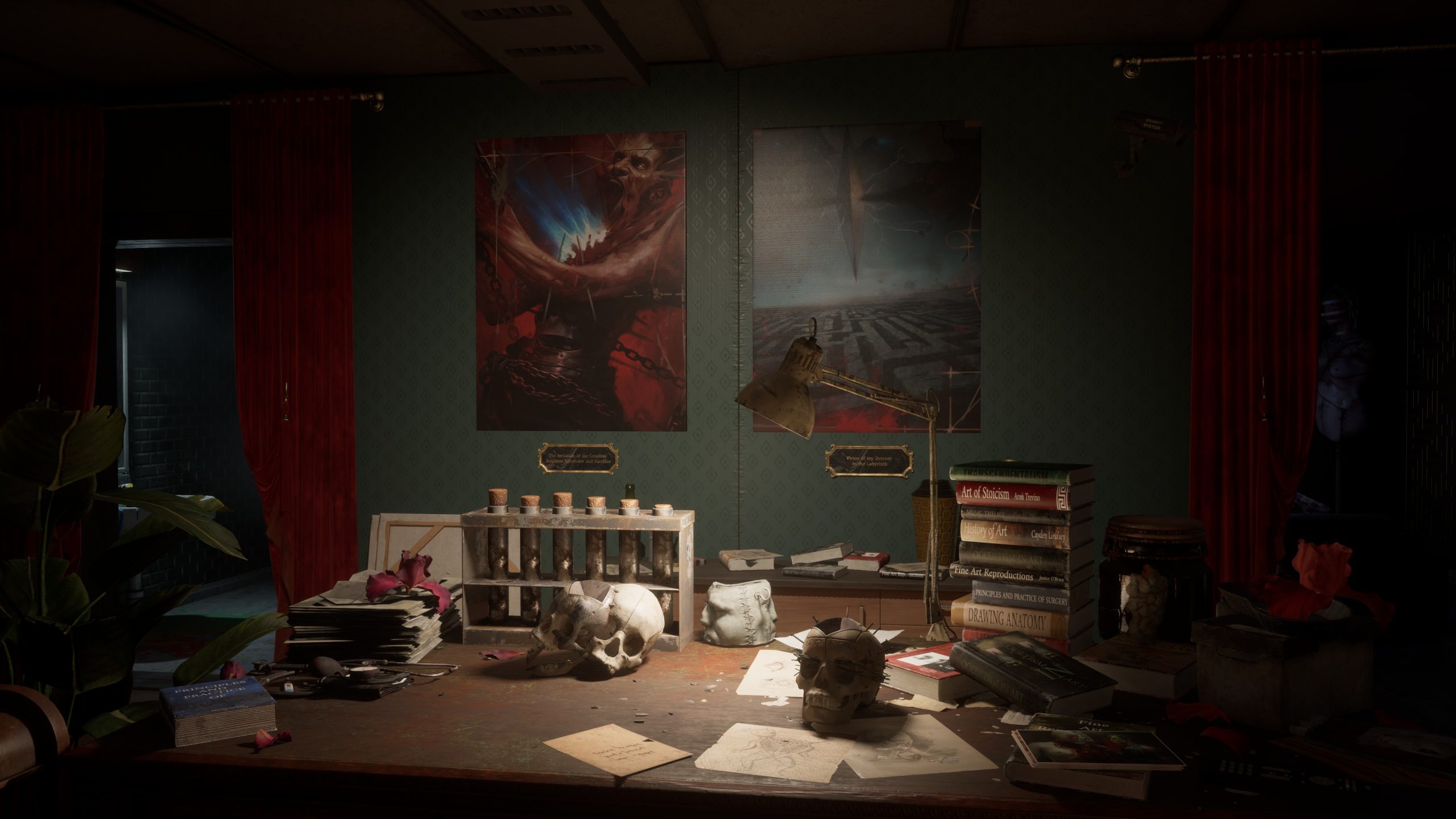 Mysterious desk with skulls, books, and eerie art in a dimly lit room, invoking a gothic ambiance.