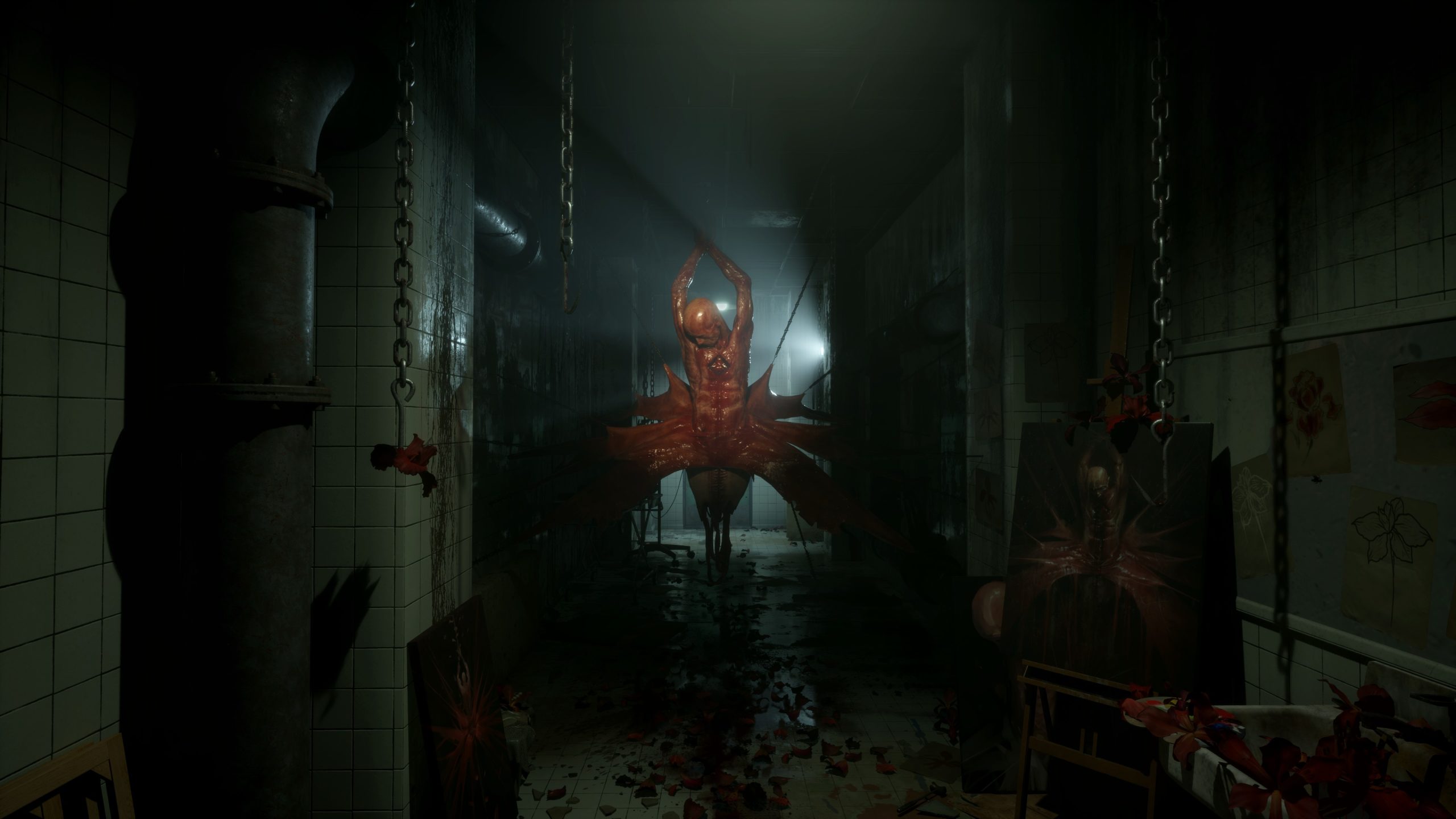 Eerie scene of a monstrous creature hanging in a dark hallway with chains and dim lighting.