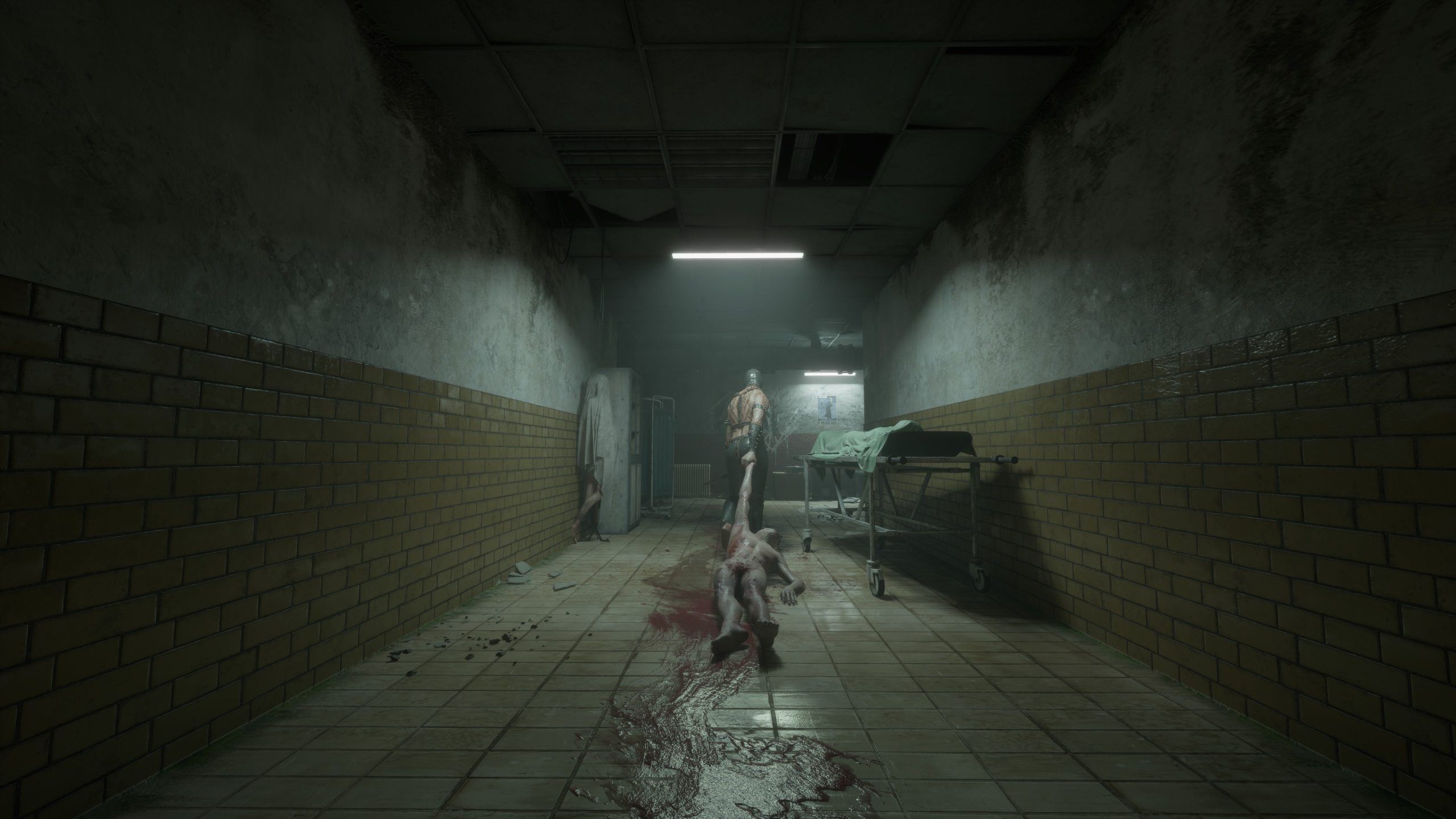 Dark, abandoned hallway with eerie lighting and ominous atmosphere, featuring an unsettling scene.