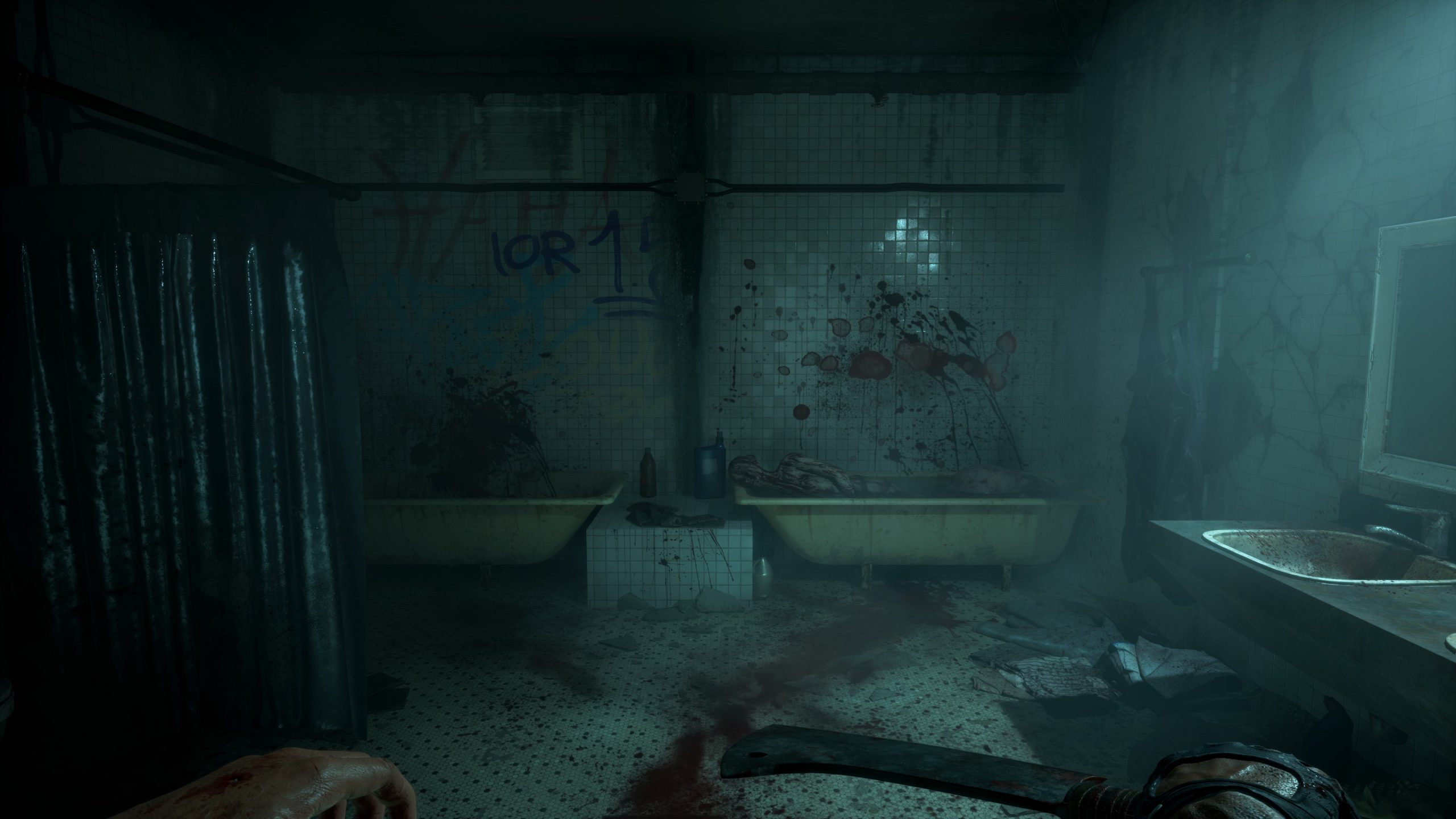 Abandoned creepy bathroom with bloodstained walls and tubs, dimly lit atmosphere.