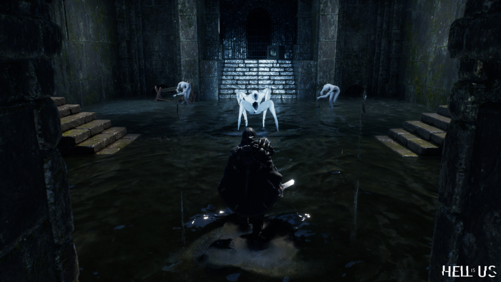 A dark armored figure faces white creatures in a flooded dungeon, with HELL IS US written in the corner.