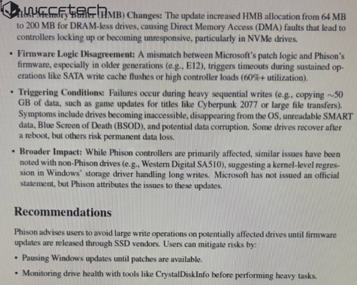 Image showing text on firmware updates affecting Phison drives, possible data loss, and troubleshooting.