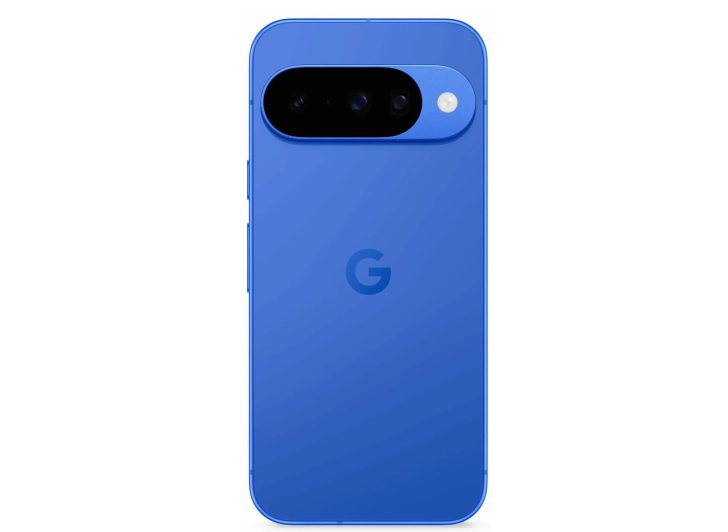 Blue smartphone back with triple camera bar and logo.