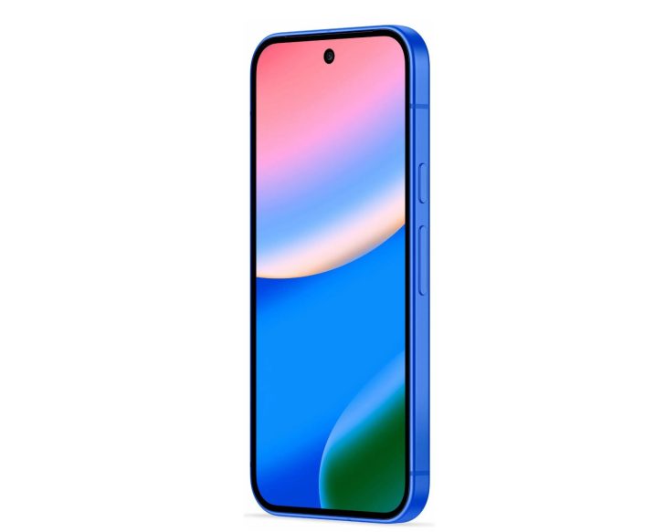 Blue smartphone with colorful display, showing modern design and side buttons on a white background.