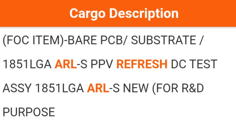 Cargo details for PCB/Substrate and ARL-S PPV components for R&D.