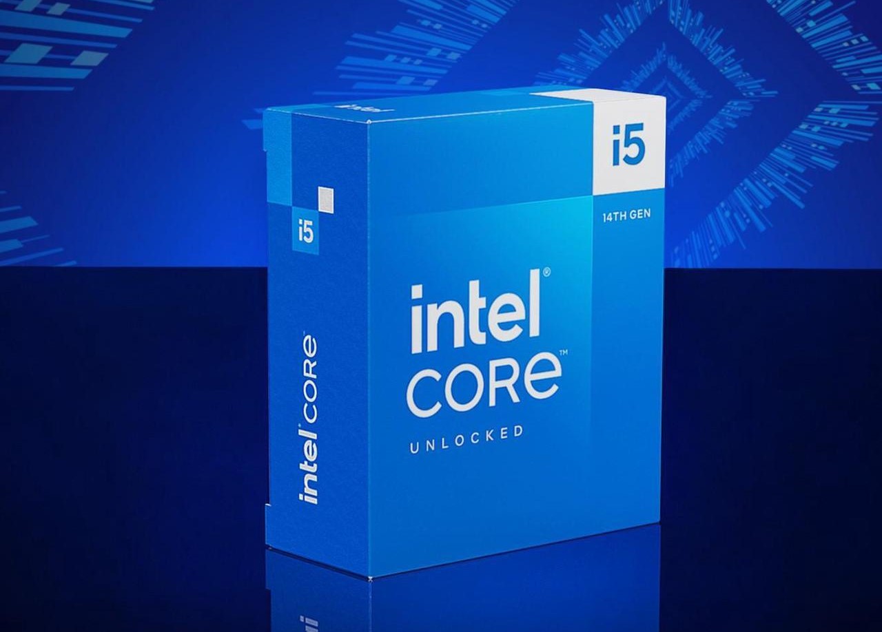 Intel Core i5 14th Gen processor box with blue tech-themed background.