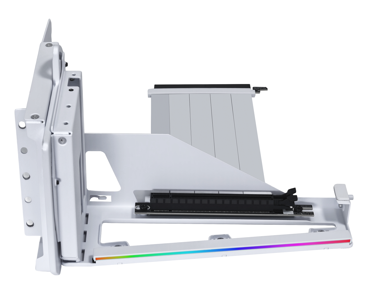 Vertical GPU mounting bracket with RGB lighting, ideal for enhancing PC aesthetics and airflow.