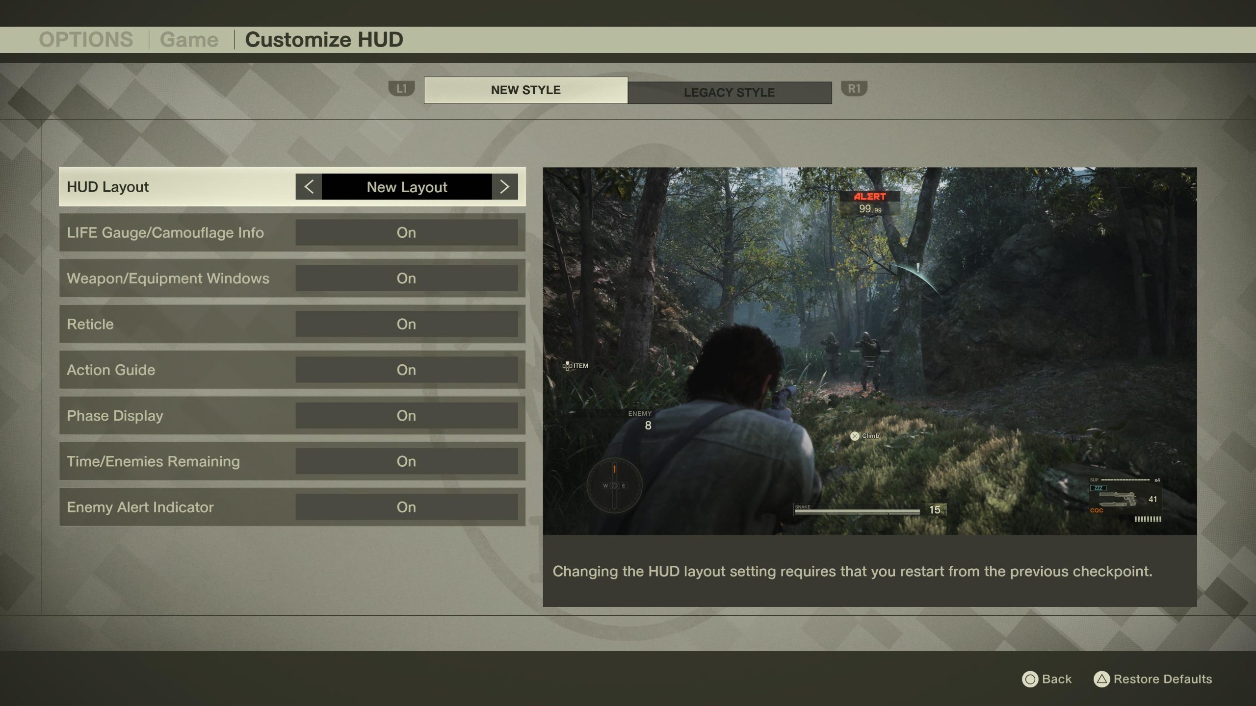 Game HUD customization menu with forest scene in background, showing active gameplay settings.