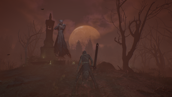Gothic warrior faces ethereal foe under blood moon in eerie forest setting.