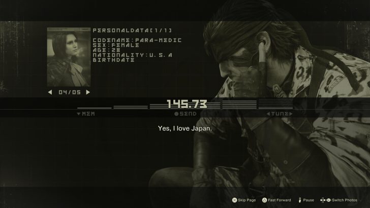 Video game screen showing character details and dialogue about Japan.
