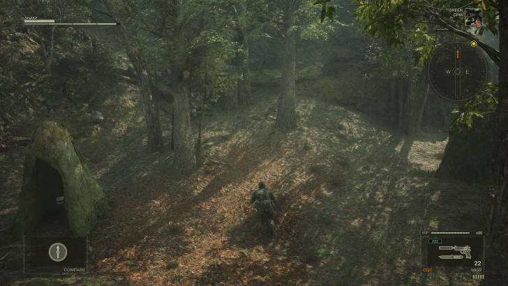 Crouching soldier in a dense forest, navigating a shaded path in a video game environment.