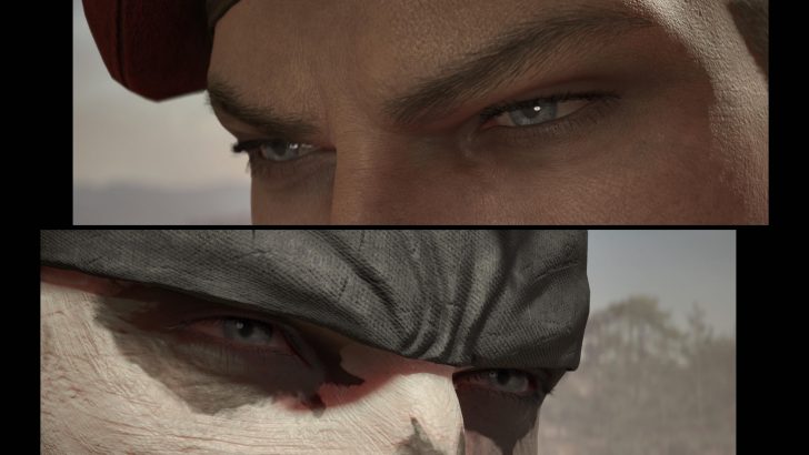 Close-up of intense eyes from two characters in a dramatic showdown, showcasing detailed facial expressions.