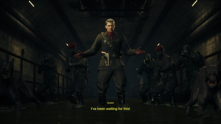 Tense standoff in a dark corridor with soldiers and dogs, man in the center exclaims readiness.