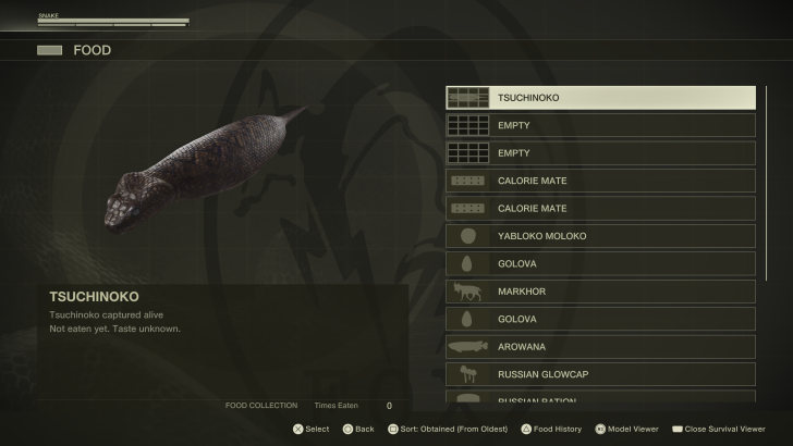 Game food menu with Tsuchinoko selected for survival in-game options.