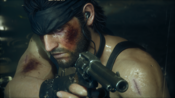 Stealthy soldier aiming pistol in tense action scene with headband and scars.