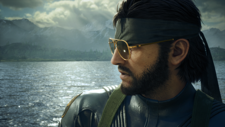 A character with sunglasses gazes over a scenic lake with mountains in the background.