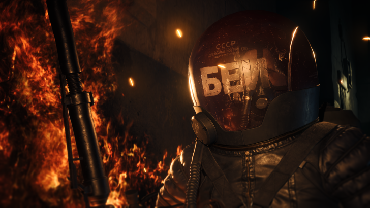 Astronaut in a burning environment with helmet reflection, showcasing fiery intensity.