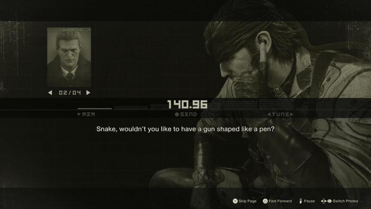 Video game screenshot: Character talks on radio, discusses gun shaped like a pen.