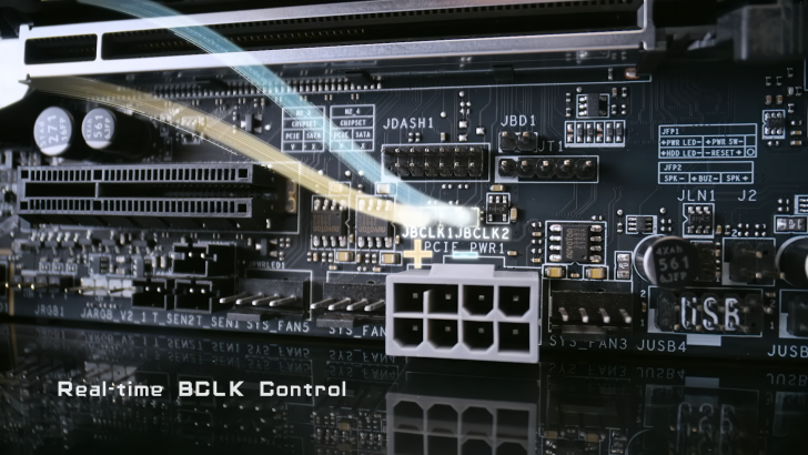Close-up of a computer motherboard, highlighting real-time BCLK control for optimized performance.