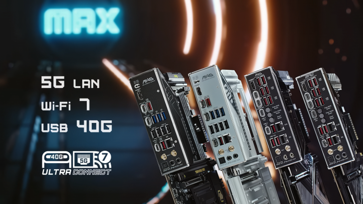 Motherboard ports with 5G LAN, Wi-Fi 7, and USB 40G capabilities. Ultra Connect technology.