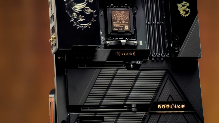 Gaming motherboard with sleek black design and dragon logo, labeled Godlike X Edition.
